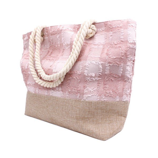 PLAID FRAYED TWEED BEACH TOTE BAG - Blu Lotus Boutique