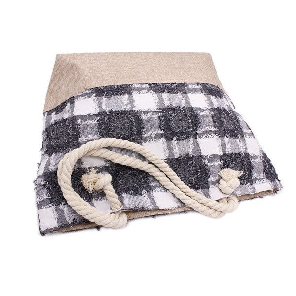 PLAID FRAYED TWEED BEACH TOTE BAG - Blu Lotus Boutique