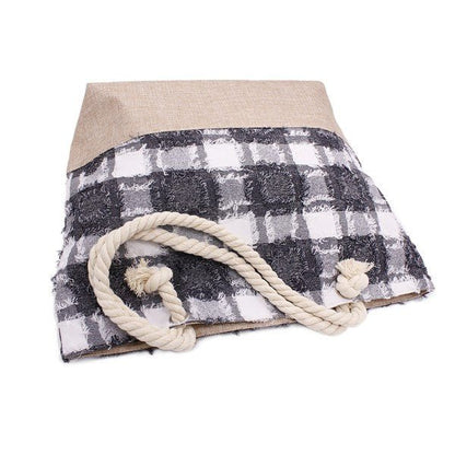 PLAID FRAYED TWEED BEACH TOTE BAG - Blu Lotus Boutique