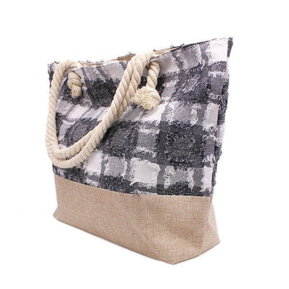 PLAID FRAYED TWEED BEACH TOTE BAG - Blu Lotus Boutique