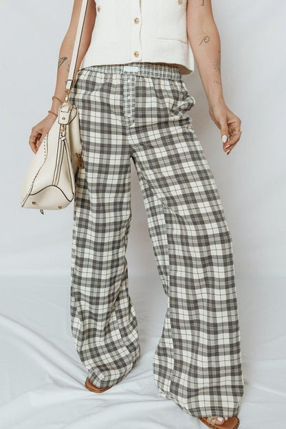 Plaid Patchwork Wide Leg Pants - Blu Lotus Boutique