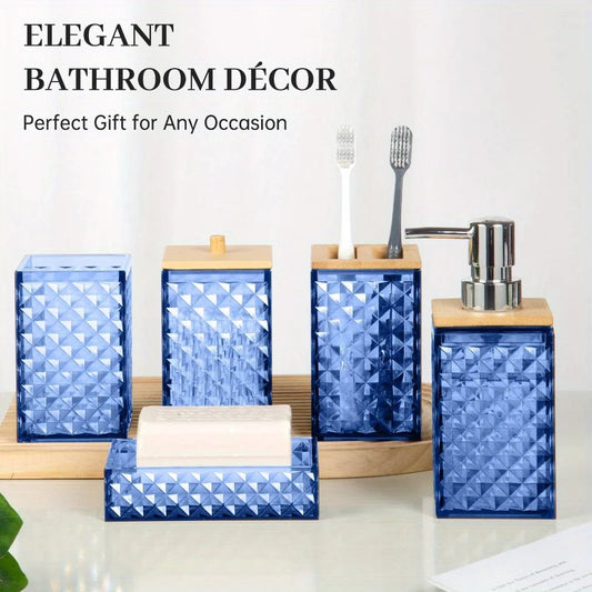 Plaid Plastic Bathroom Accessories Set with Swab Box, Hand Bottle, Soap Box, Toothbrush Holder & Mouthwash Cup, Modern Bathroom - Blu Lotus Boutique