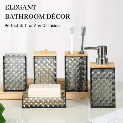 Plaid Plastic Bathroom Accessories Set with Swab Box, Hand Bottle, Soap Box, Toothbrush Holder & Mouthwash Cup, Modern Bathroom - Blu Lotus Boutique