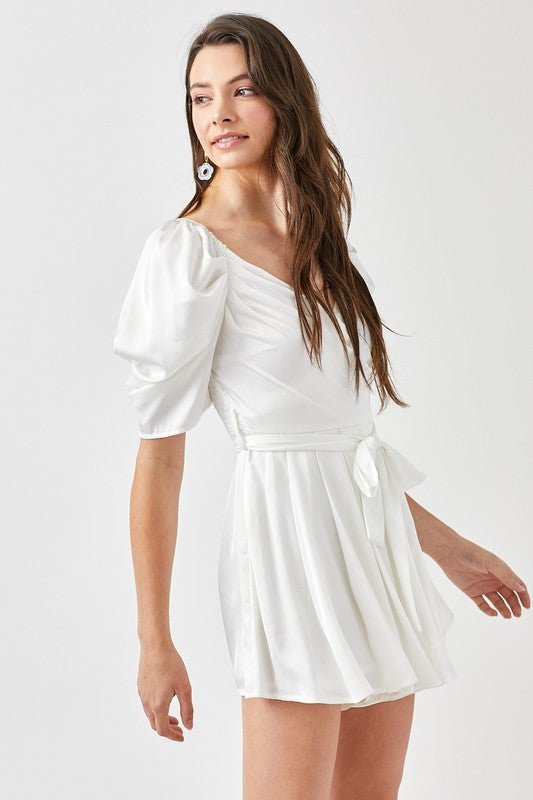Pleated Puff Sleeve Overwrap Romper - Blu Lotus Boutique
