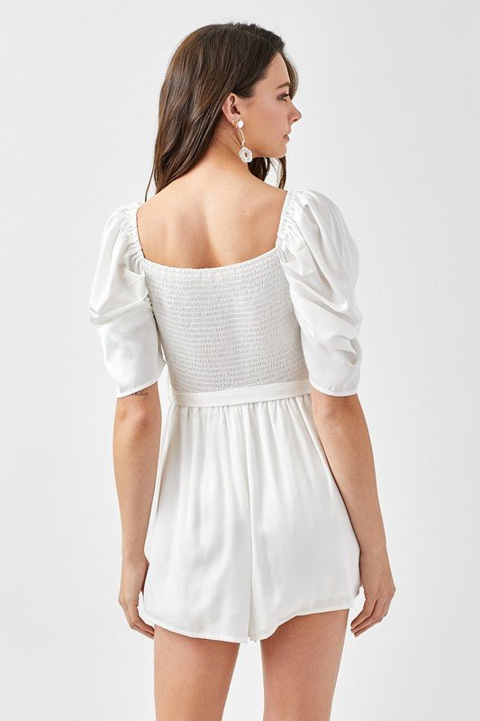 Pleated Puff Sleeve Overwrap Romper - Blu Lotus Boutique