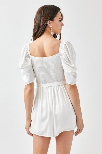 Pleated Puff Sleeve Overwrap Romper - Blu Lotus Boutique
