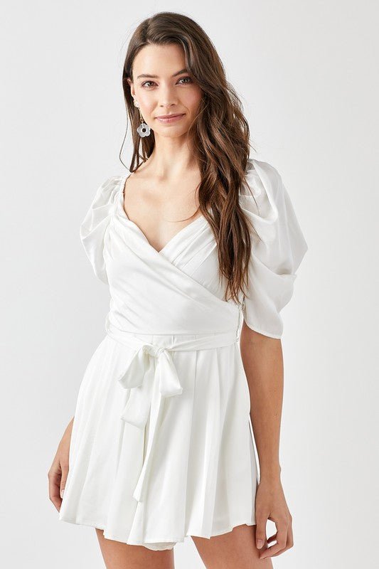 Pleated Puff Sleeve Overwrap Romper - Blu Lotus Boutique