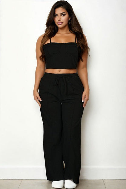 Plus Bustier Crop Cami Top & Pocket Straight Pants - Blu Lotus Boutique