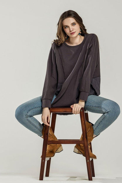 Plus Comfy Oversized Round Side Slit Contrast Top - Blu Lotus Boutique