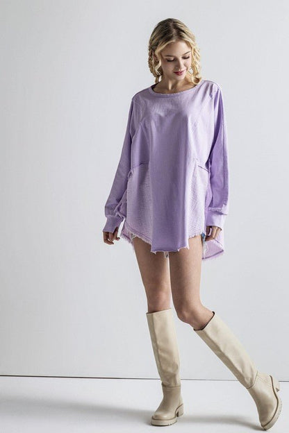 Plus Comfy Oversized Round Side Slit Contrast Top - Blu Lotus Boutique