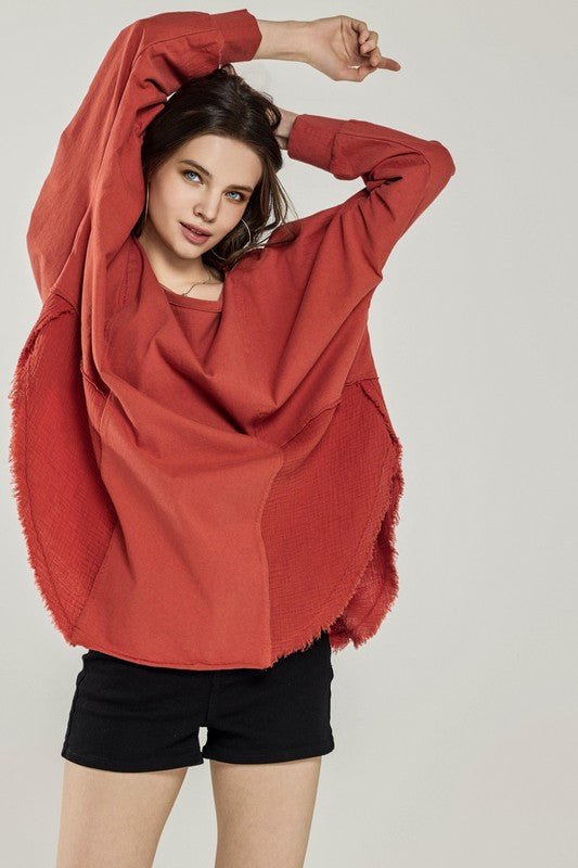 Plus Comfy Oversized Round Side Slit Contrast Top - Blu Lotus Boutique