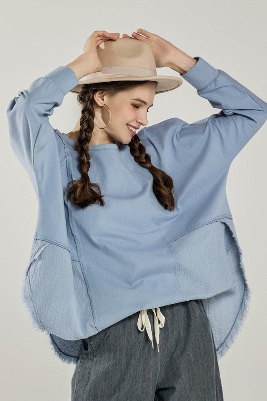 Plus Comfy Oversized Round Side Slit Contrast Top - Blu Lotus Boutique