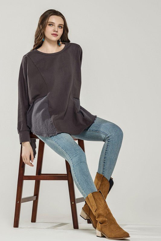Plus Comfy Oversized Round Side Slit Contrast Top - Blu Lotus Boutique