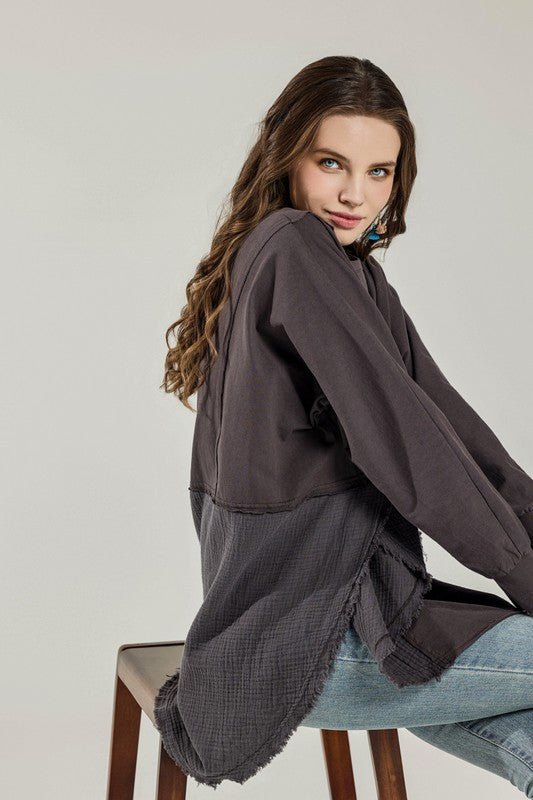 Plus Comfy Oversized Round Side Slit Contrast Top - Blu Lotus Boutique