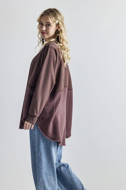 Plus Comfy Oversized Round Side Slit Contrast Top - Blu Lotus Boutique