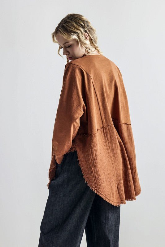 Plus Comfy Oversized Round Side Slit Contrast Top - Blu Lotus Boutique