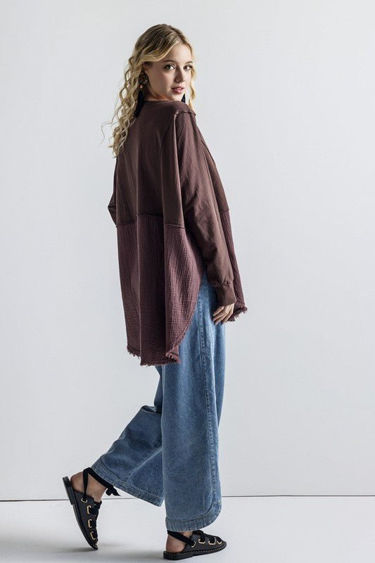 Plus Comfy Oversized Round Side Slit Contrast Top - Blu Lotus Boutique