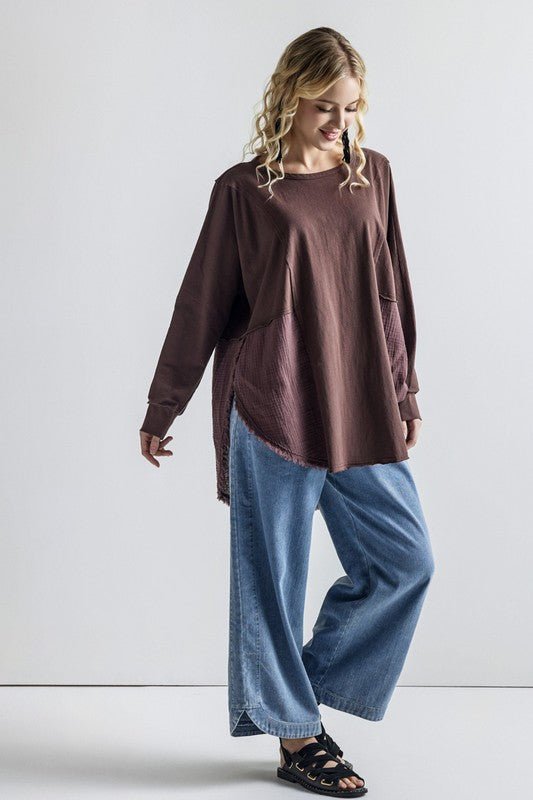 Plus Comfy Oversized Round Side Slit Contrast Top - Blu Lotus Boutique