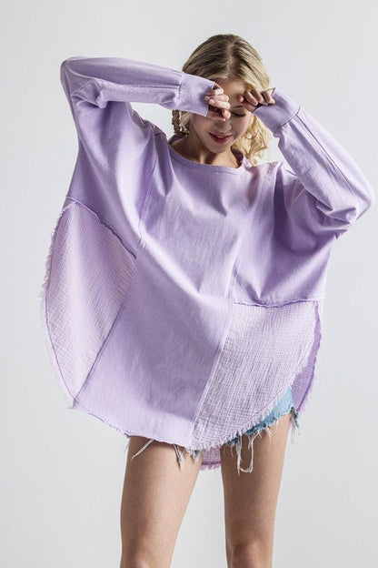 Plus Comfy Oversized Round Side Slit Contrast Top - Blu Lotus Boutique