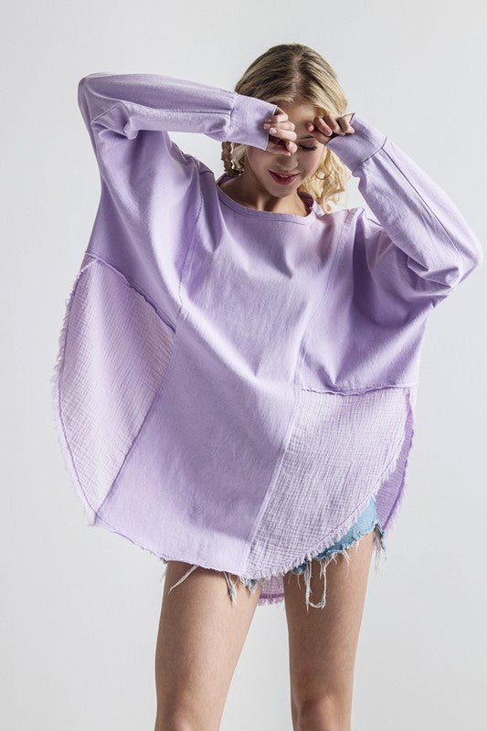 Plus Comfy Oversized Round Side Slit Contrast Top - Blu Lotus Boutique