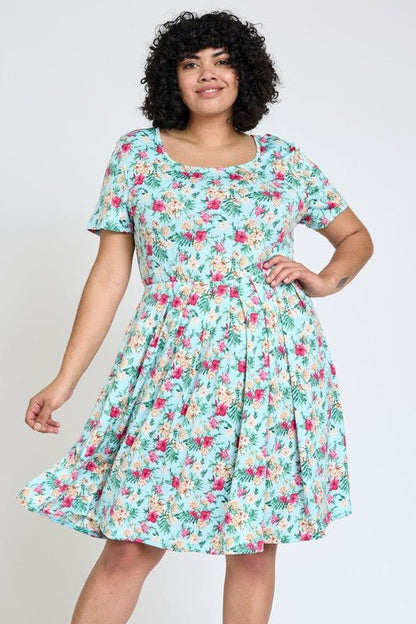 Plus Floral Short Sleeve Pleated Midi Dress - Blu Lotus Boutique