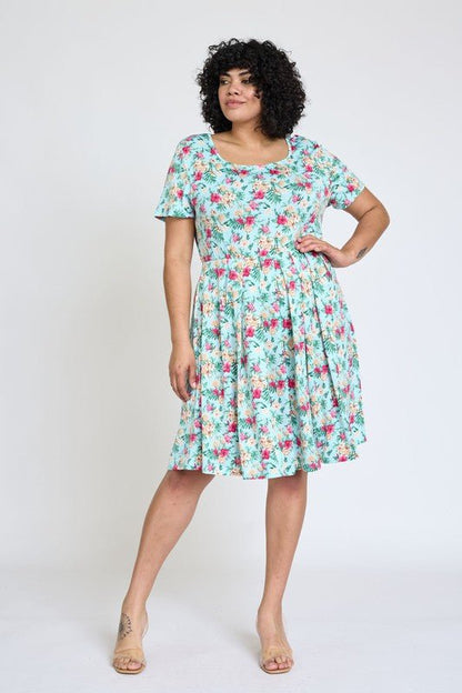 Plus Floral Short Sleeve Pleated Midi Dress - Blu Lotus Boutique