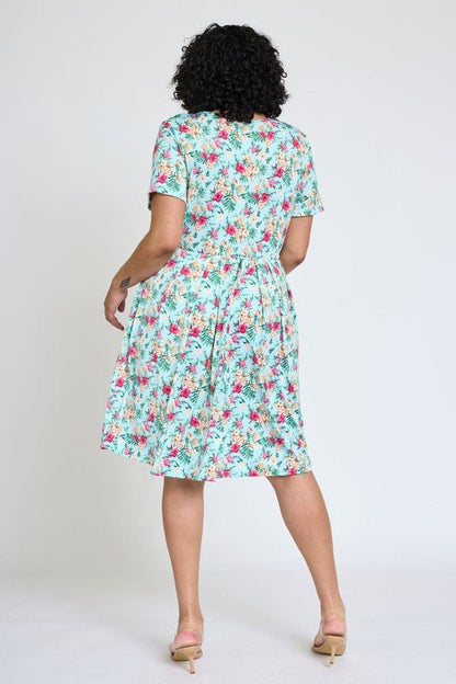 Plus Floral Short Sleeve Pleated Midi Dress - Blu Lotus Boutique