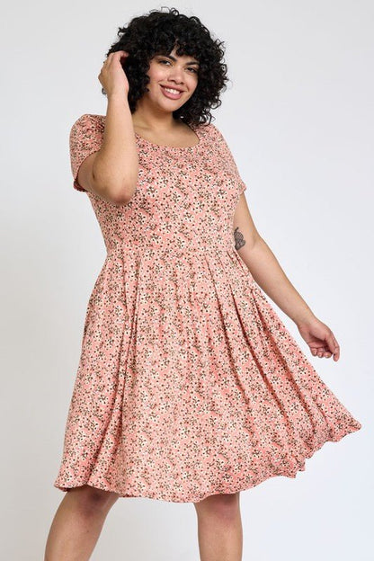 Plus Floral Short Sleeve Pleated Midi Dress - Blu Lotus Boutique