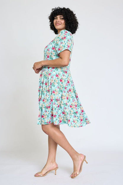 Plus Floral Short Sleeve Pleated Midi Dress - Blu Lotus Boutique