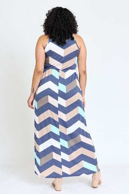 Plus Halter Neck Chevron Maxi Dress - Blu Lotus Boutique