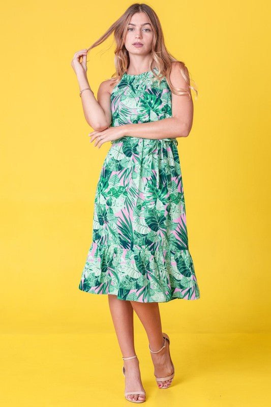 Plus Halter Neck Tropical Sash Dress - Blu Lotus Boutique