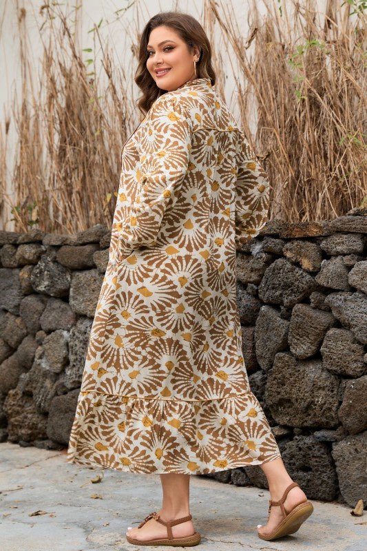 Plus Size Abstract Plant Long Sleeve Maxi Dress - Blu Lotus Boutique
