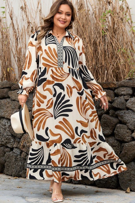 Plus Size Boho Abstract Long Sleeve Maxi Dress - Blu Lotus Boutique