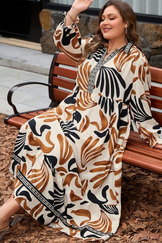 Plus Size Boho Abstract Long Sleeve Maxi Dress - Blu Lotus Boutique