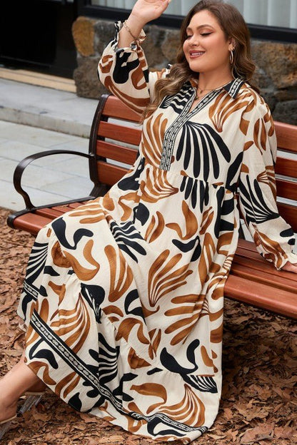 Plus Size Boho Abstract Long Sleeve Maxi Dress - Blu Lotus Boutique