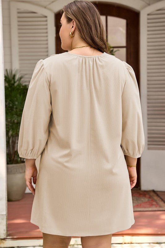 Plus Size Corduroy Scallop Notched Neck Mini Dress - Blu Lotus Boutique