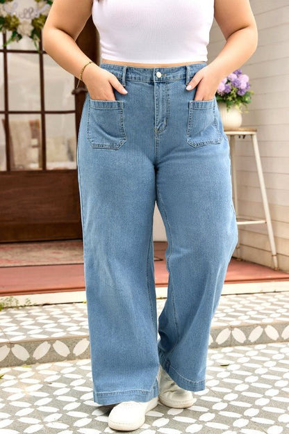 Plus Size Denim Textured Patch Pocket Jeans - Blu Lotus Boutique