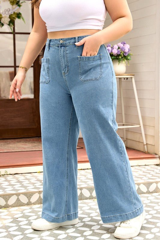 Plus Size Denim Textured Patch Pocket Jeans - Blu Lotus Boutique