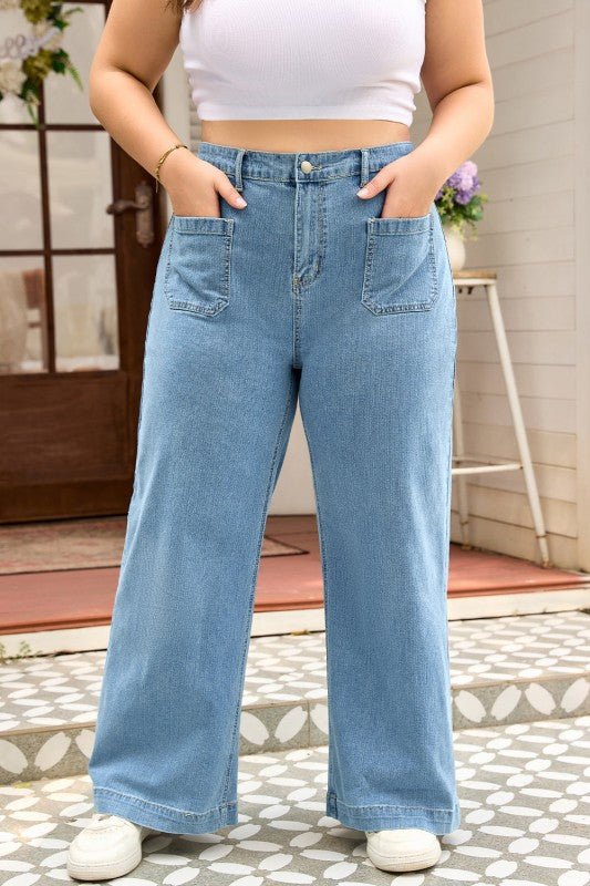 Plus Size Denim Textured Patch Pocket Jeans - Blu Lotus Boutique
