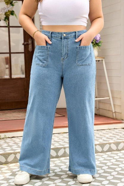 Plus Size Denim Textured Patch Pocket Jeans - Blu Lotus Boutique