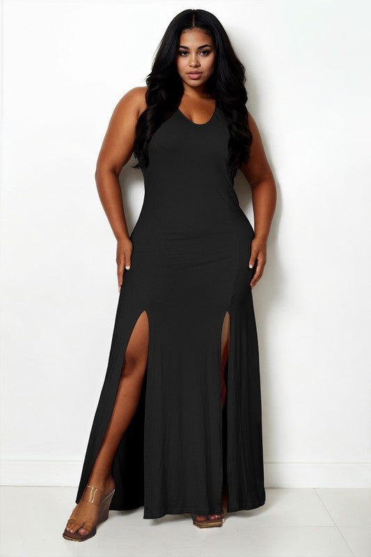 Plus Size Plunge Neck Thigh Split Maxi Dress - Blu Lotus Boutique