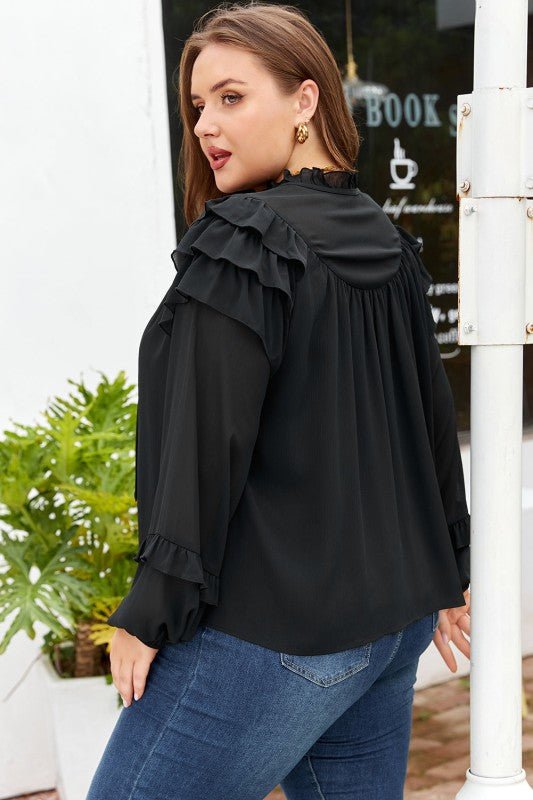 Plus Size Ruffle Balloon Sleeve Chiffon Shirt - Blu Lotus Boutique