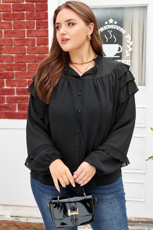 Plus Size Ruffle Balloon Sleeve Chiffon Shirt - Blu Lotus Boutique