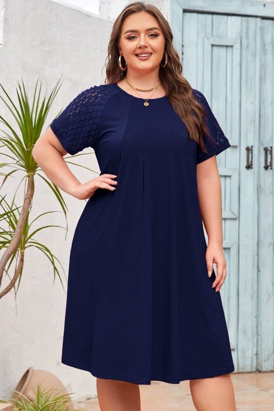 Plus Size Solid Lace Short Sleeve Pleated Dress - Blu Lotus Boutique