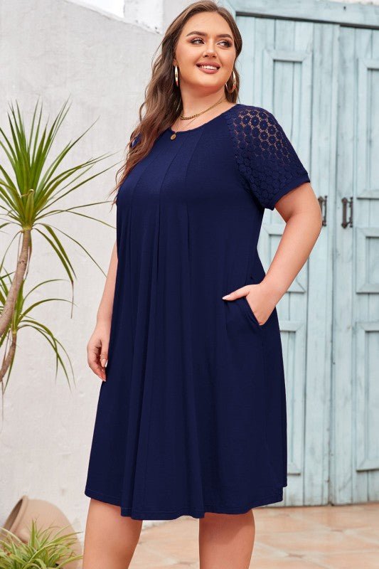 Plus Size Solid Lace Short Sleeve Pleated Dress - Blu Lotus Boutique