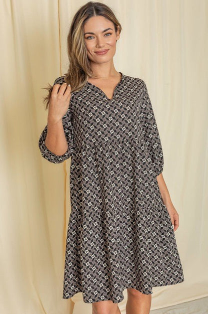 Plus Square Print Notch Neck Midi Dress - Blu Lotus Boutique