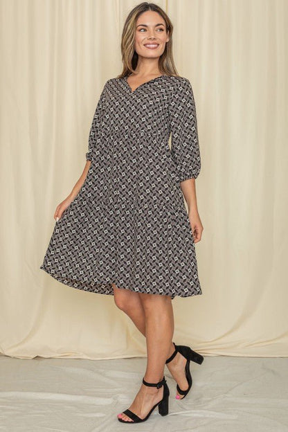 Plus Square Print Notch Neck Midi Dress - Blu Lotus Boutique