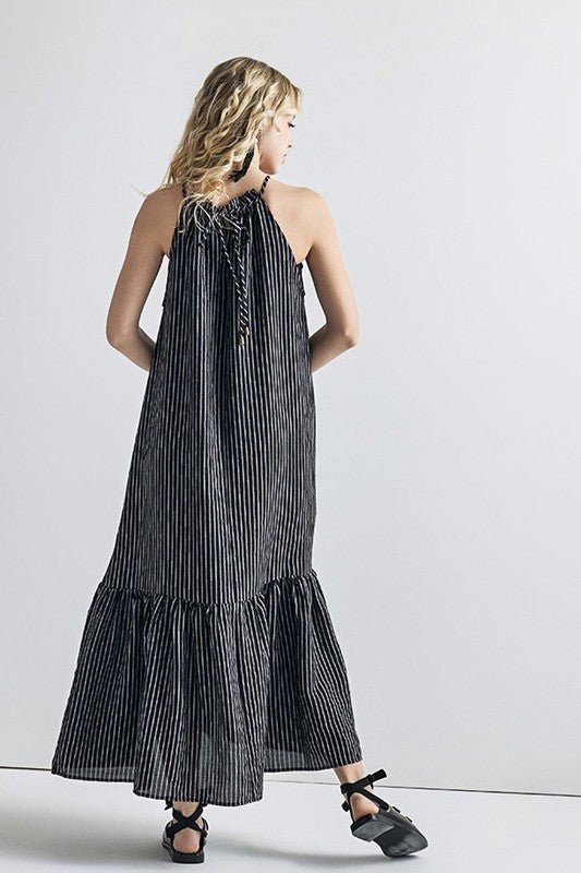 Plus Stripe High Ruffle Neckline Tiered Maxi Dress - Blu Lotus Boutique
