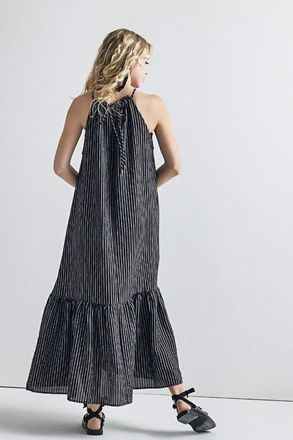 Plus Stripe High Ruffle Neckline Tiered Maxi Dress - Blu Lotus Boutique