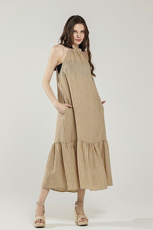 Plus Stripe High Ruffle Neckline Tiered Maxi Dress - Blu Lotus Boutique